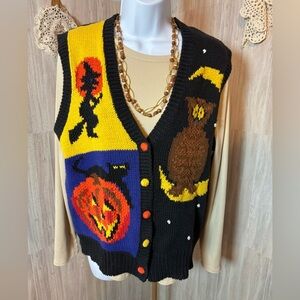 Karen Scott Vintage Black Orange Brown Yellow Halloween Sweater Vest Hand Knits